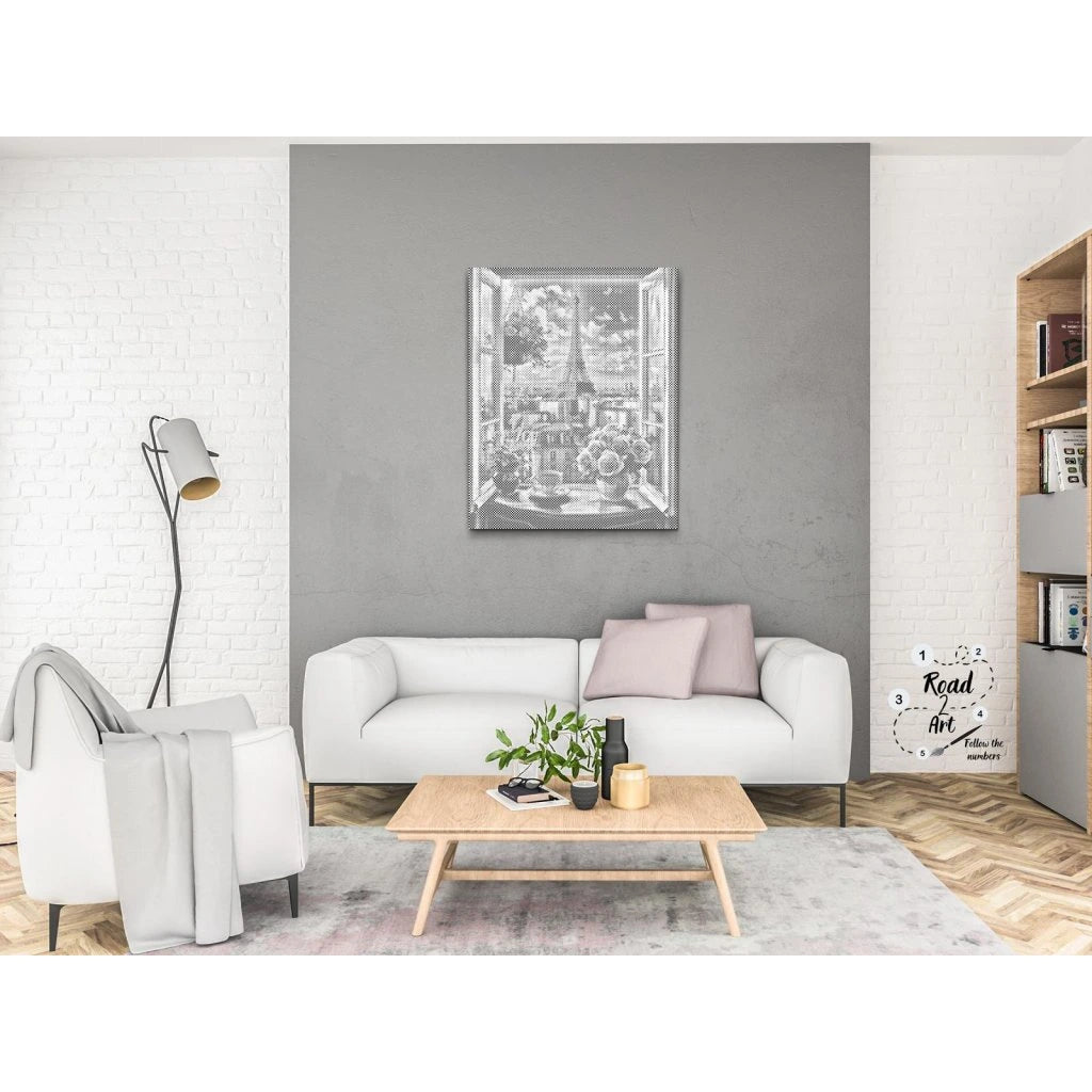 Pariser Fensterblick mit Blumenbank – Punktmalerei Leinwand