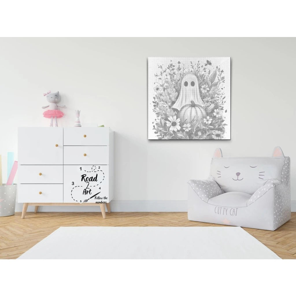 Punktmalerei Leinwand – Halloween Geist mit Blumen und Kürbis