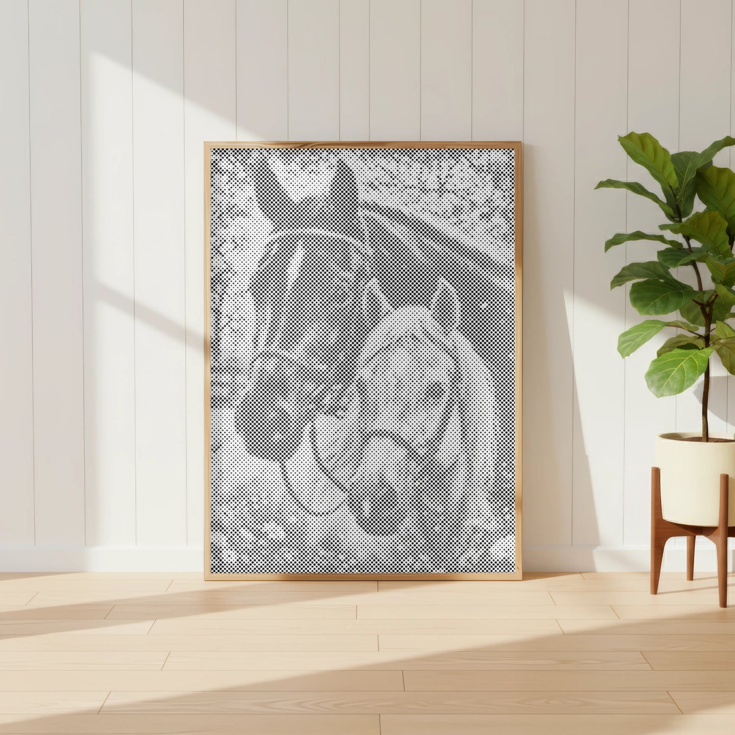 Framed artwork of two horses in a room with a plant and wooden floor. Horse Portrait – Paired Companions | Dot Painting Kit