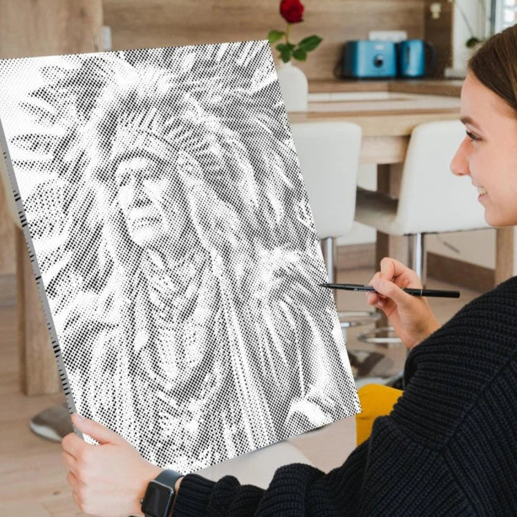 Dot Painting Indianerhäuptling – Detailliertes Punktmalerei Kunstwerk mit traditionellem Kopfschmuck