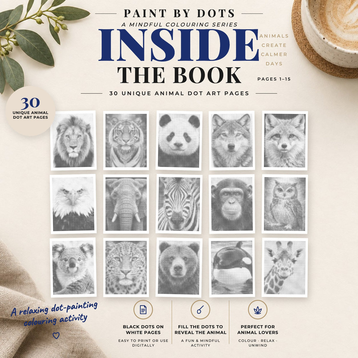 Preview of Animal Portraits printable dot painting designs, pages 1 to 15