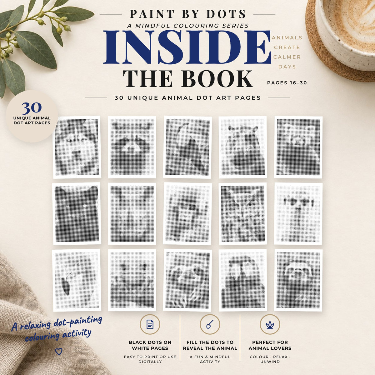 Preview of Animal Portraits printable dot painting designs, pages 16 to 30