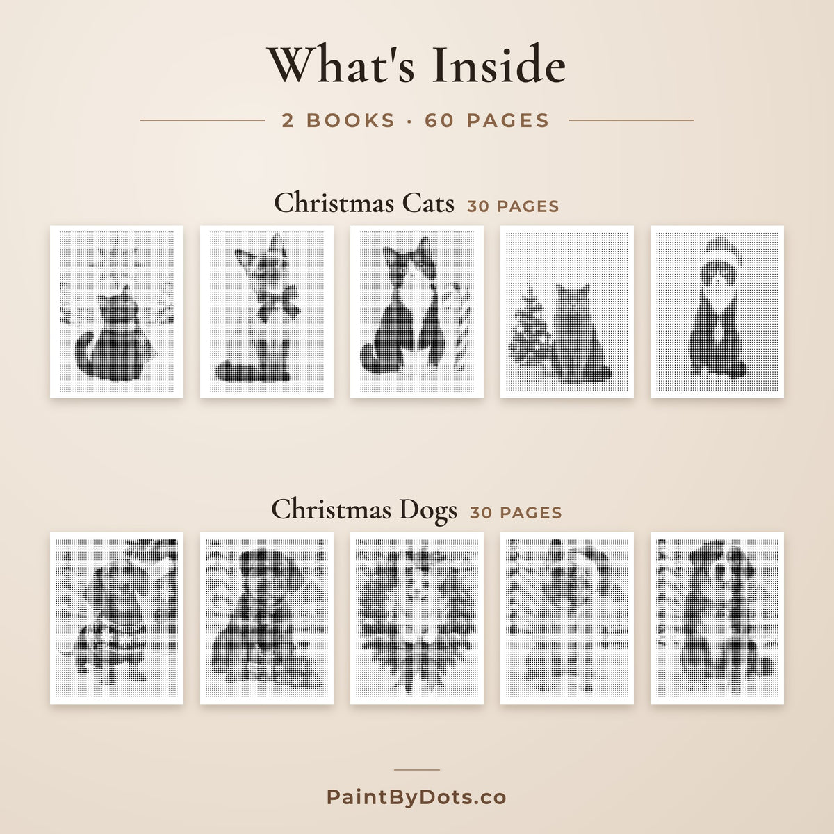 What's inside the Christmas Pets dot painting bundle: Christmas Cats and Christmas Dogs