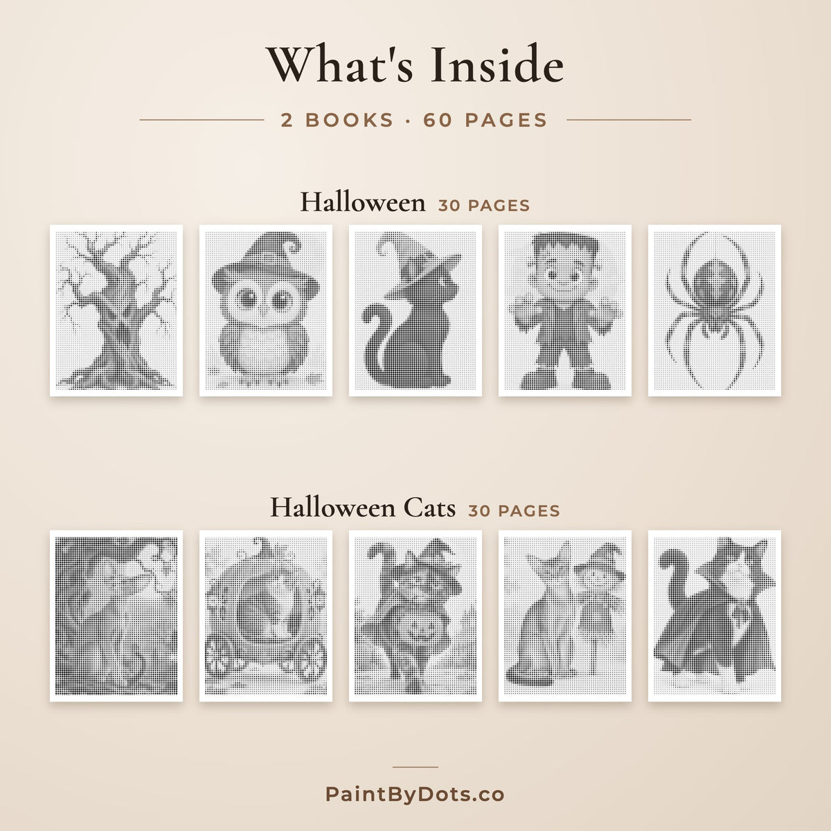 What's inside the Halloween dot painting bundle: Halloween and Halloween Cats