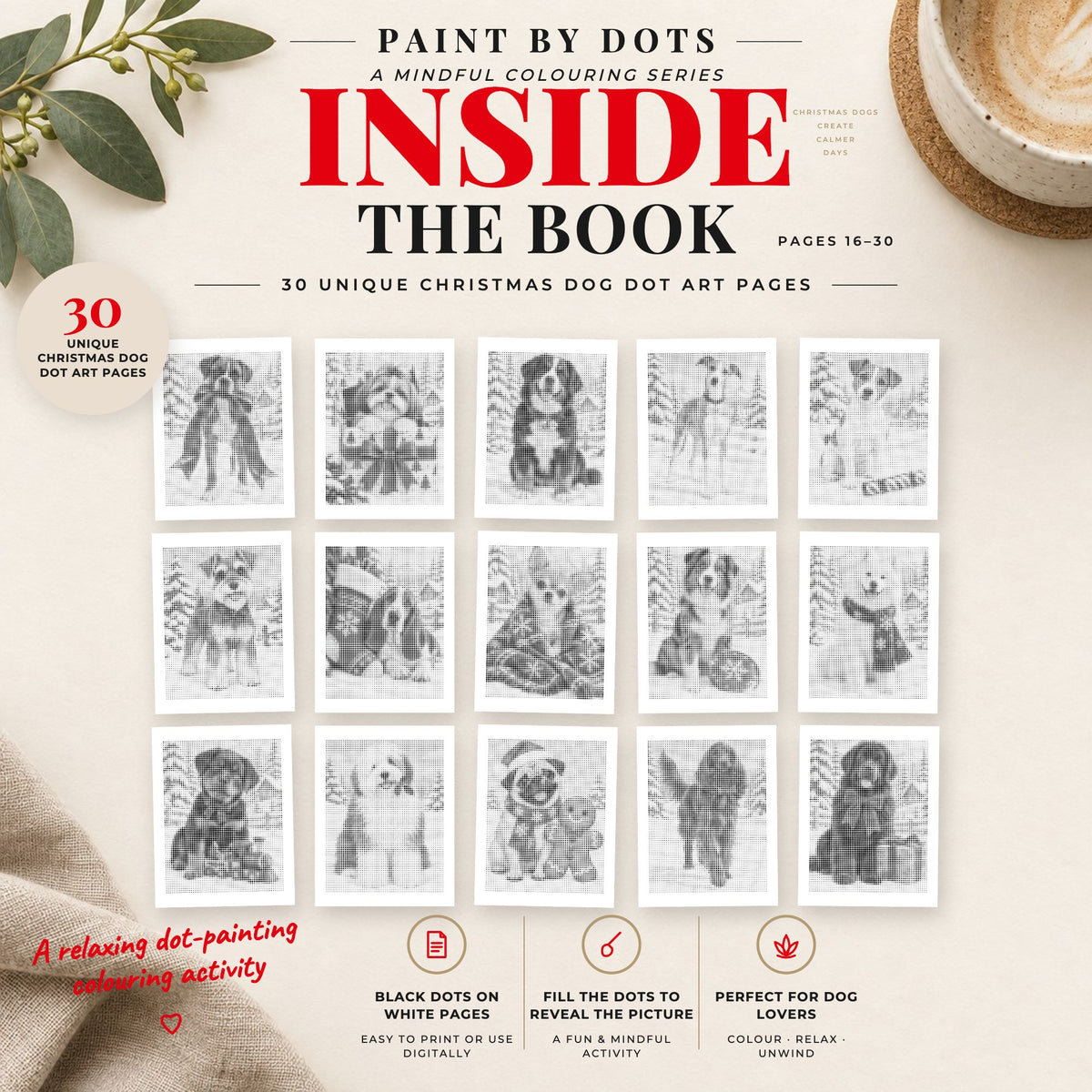 Preview of Christmas Dogs printable dot painting designs, pages 16 to 30
