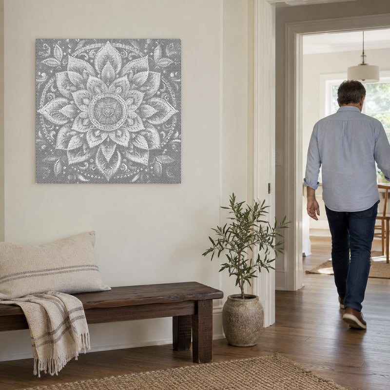 Dot-painting canvas “Modern Mandala Wall Art”, on a light wall with a person walking through the doorway nearby.