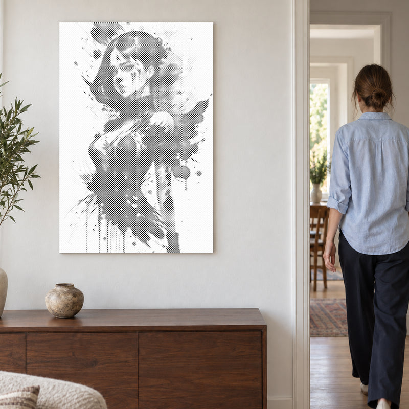 Dot-painting canvas “Provocative Woman”, on a light wall with a person walking through the doorway nearby.