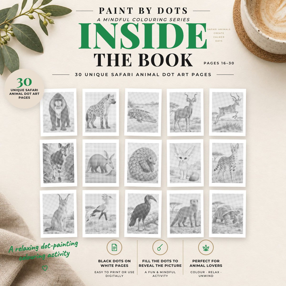 Preview of Safari Animals printable dot painting designs, pages 16 to 30