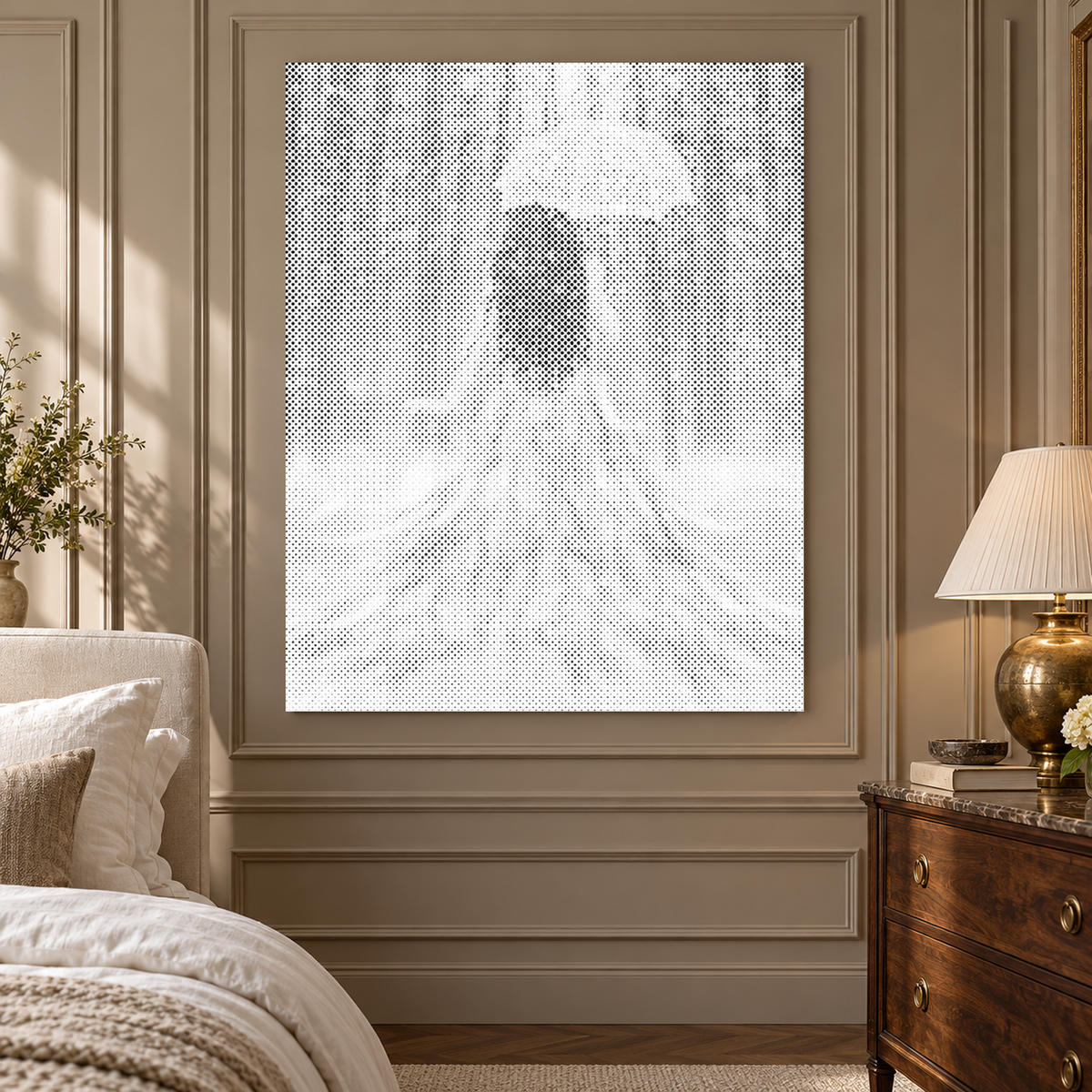 The Wise Woman dot painting shown close up in an elegant taupe panelled bedroom.