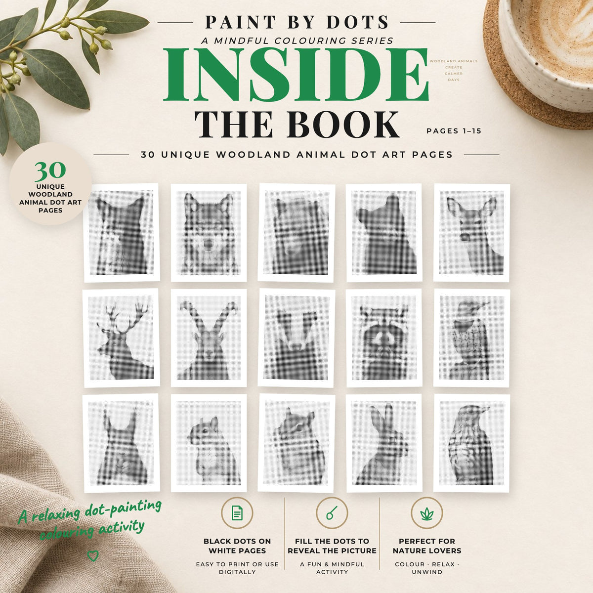 Preview of Woodland Animals printable dot painting designs, pages 1 to 15