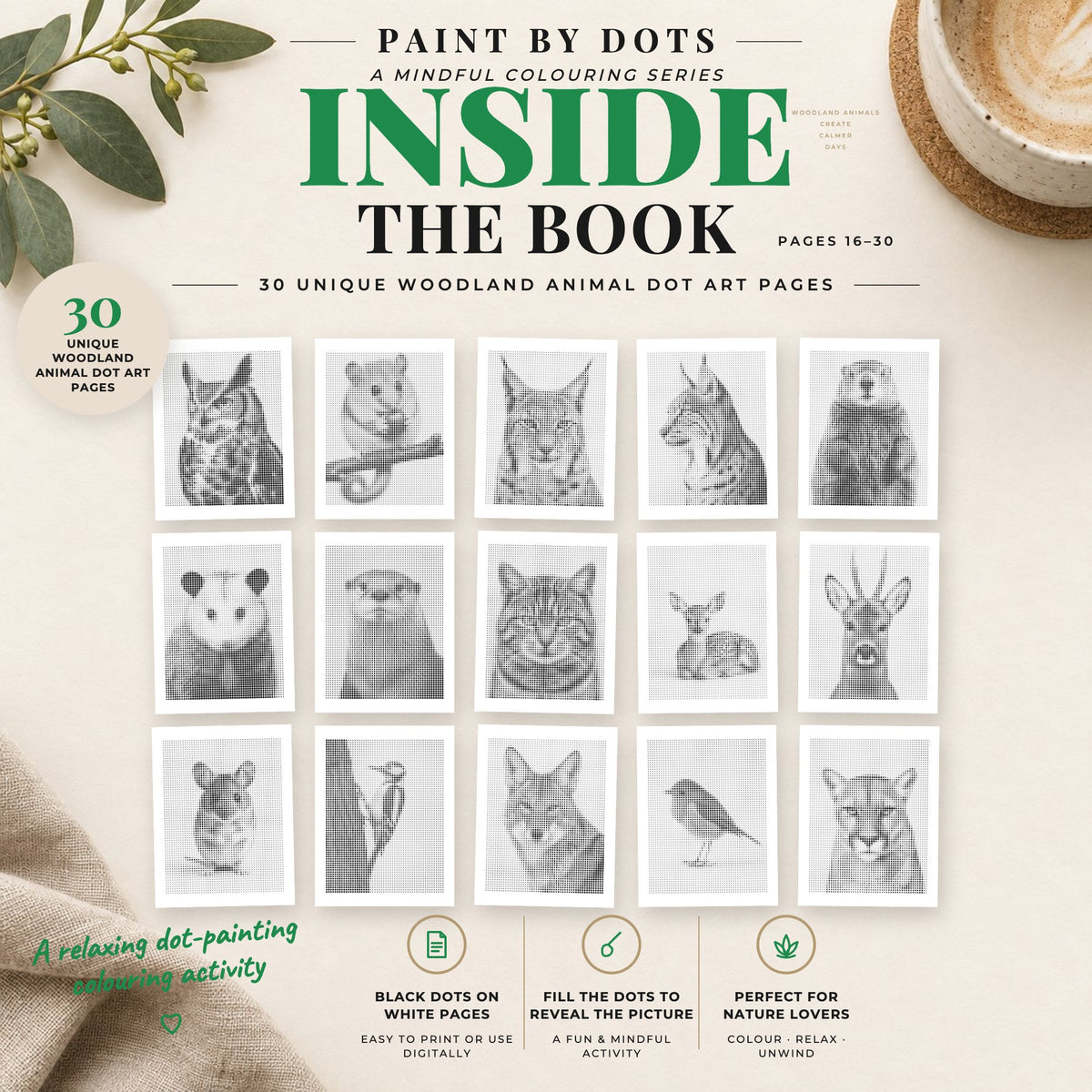 Preview of Woodland Animals printable dot painting designs, pages 16 to 30