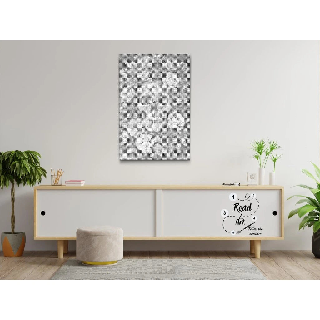 Punktmalerei Leinwand – Schädel und Rosen, detailreiches Motiv
