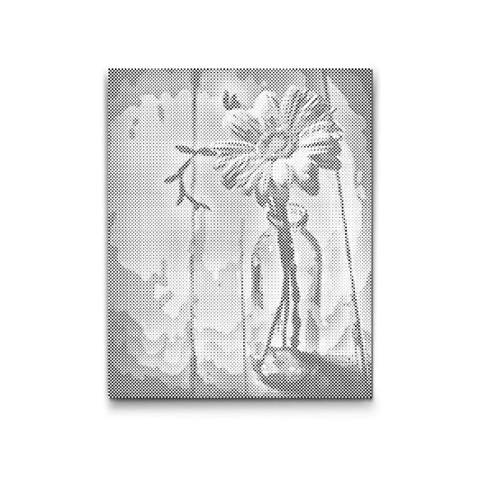 Dot Painting Stillleben: einzelne Blume in Glasvase vor Holzpaneelen