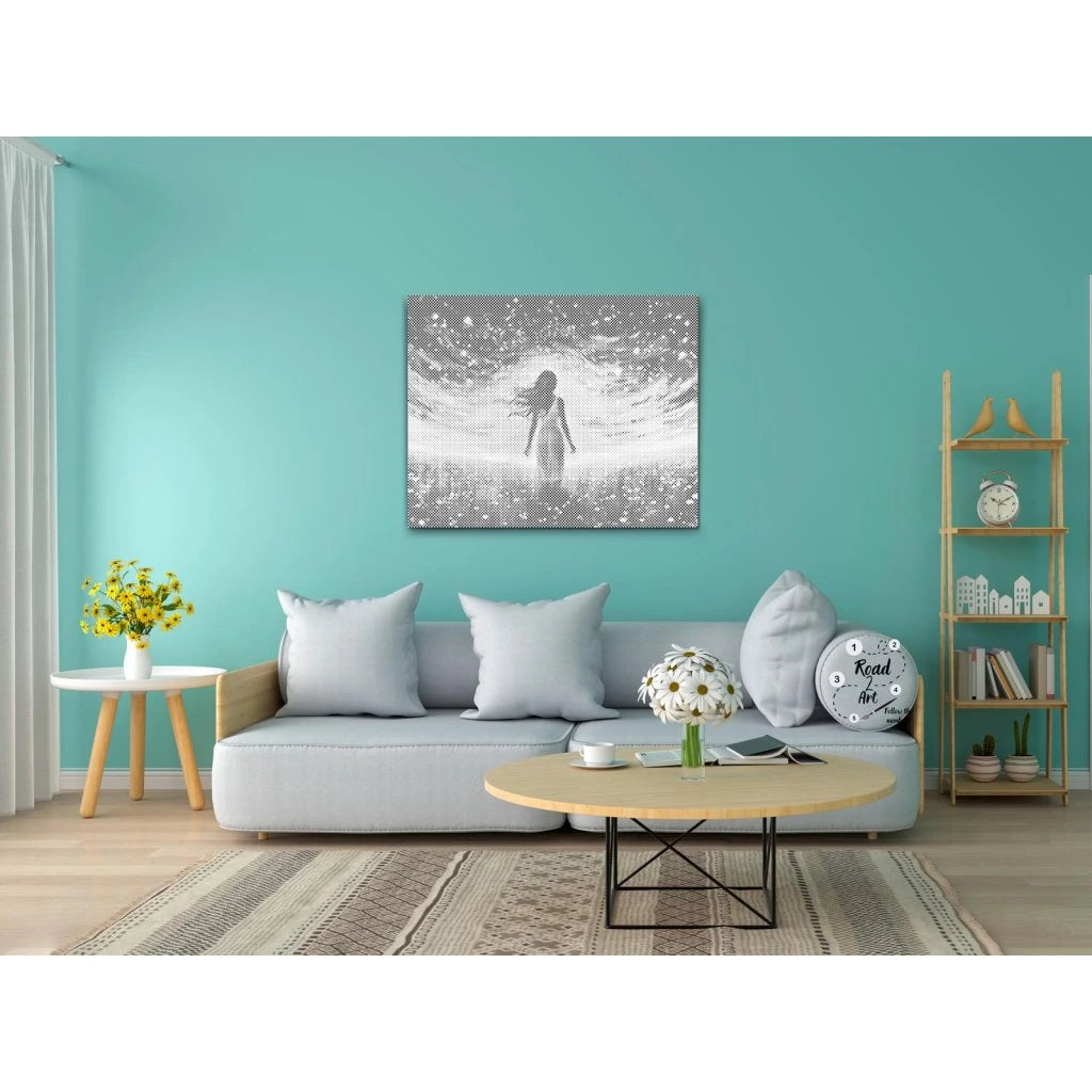 Punktmalerei Leinwand – stehende Figur im Lichterfeld bei Nacht