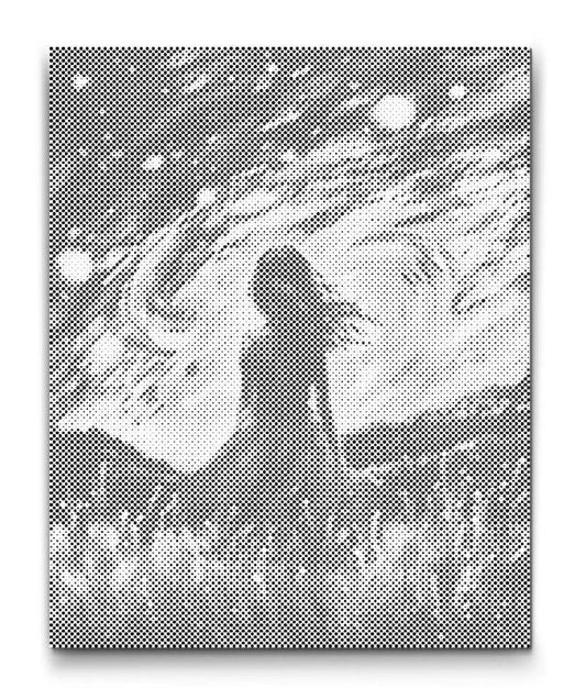 Dot Painting: Silhouette eines Mädchens im Feld unter wirbelndem Sternenhimmel