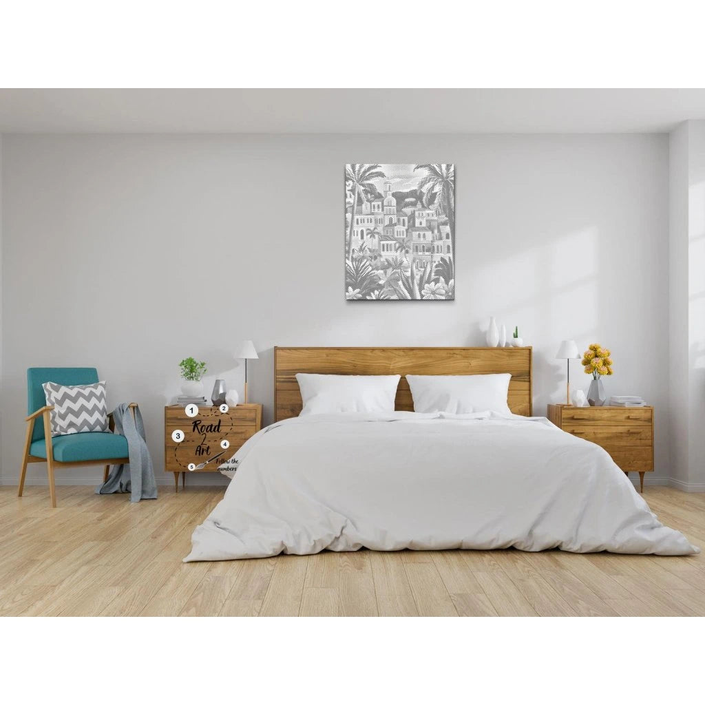 Punktmalerei Leinwand – weiße Häuser, Palmen, südländische Szenerie