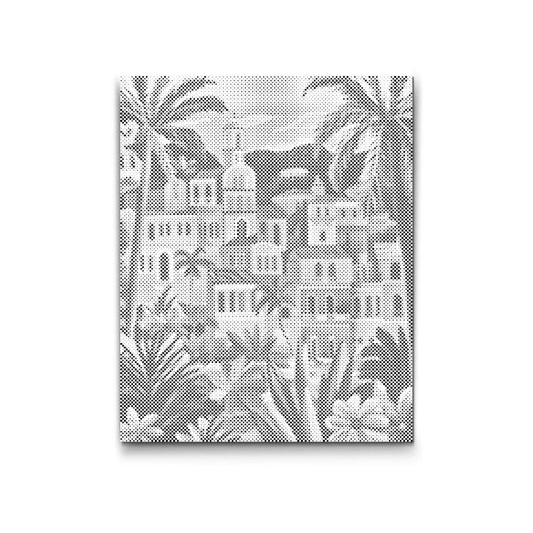 Dot Painting: mediterrane Stadt mit Palmen und Hügeln