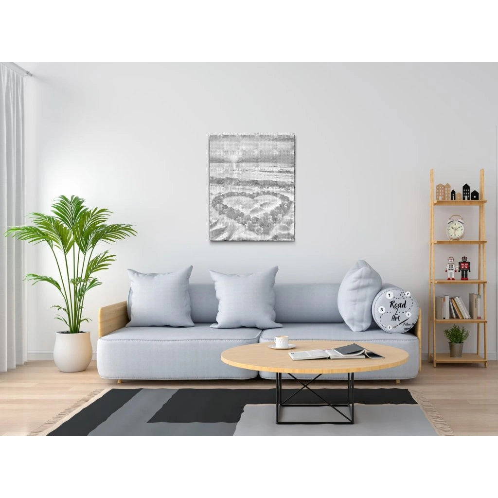 Punktmalerei Leinwand – Herz aus Blumen am Strand, romantisches Motiv