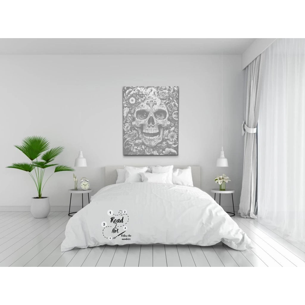 Punktmalerei Leinwand – Totenkopf mit Blumenornamenten