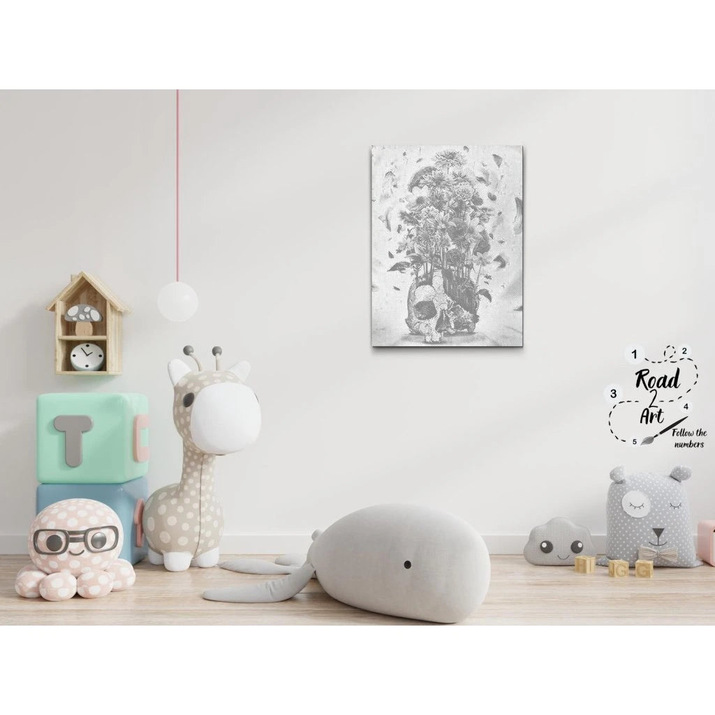 Punktmalerei Leinwand – Totenkopf als Blumenvase, detailreiches Motiv