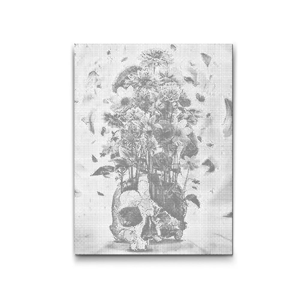 Dot Painting Stillleben: Schädel-Vase mit Blumen und Blättern