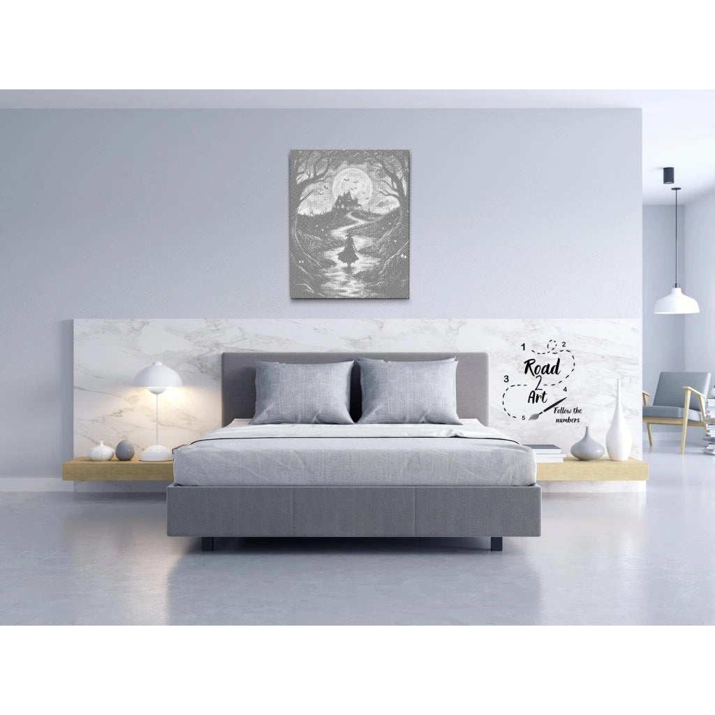 Punktmalerei Leinwand – Halloween-Motiv mit Mond, Bäumen und Spukhaus