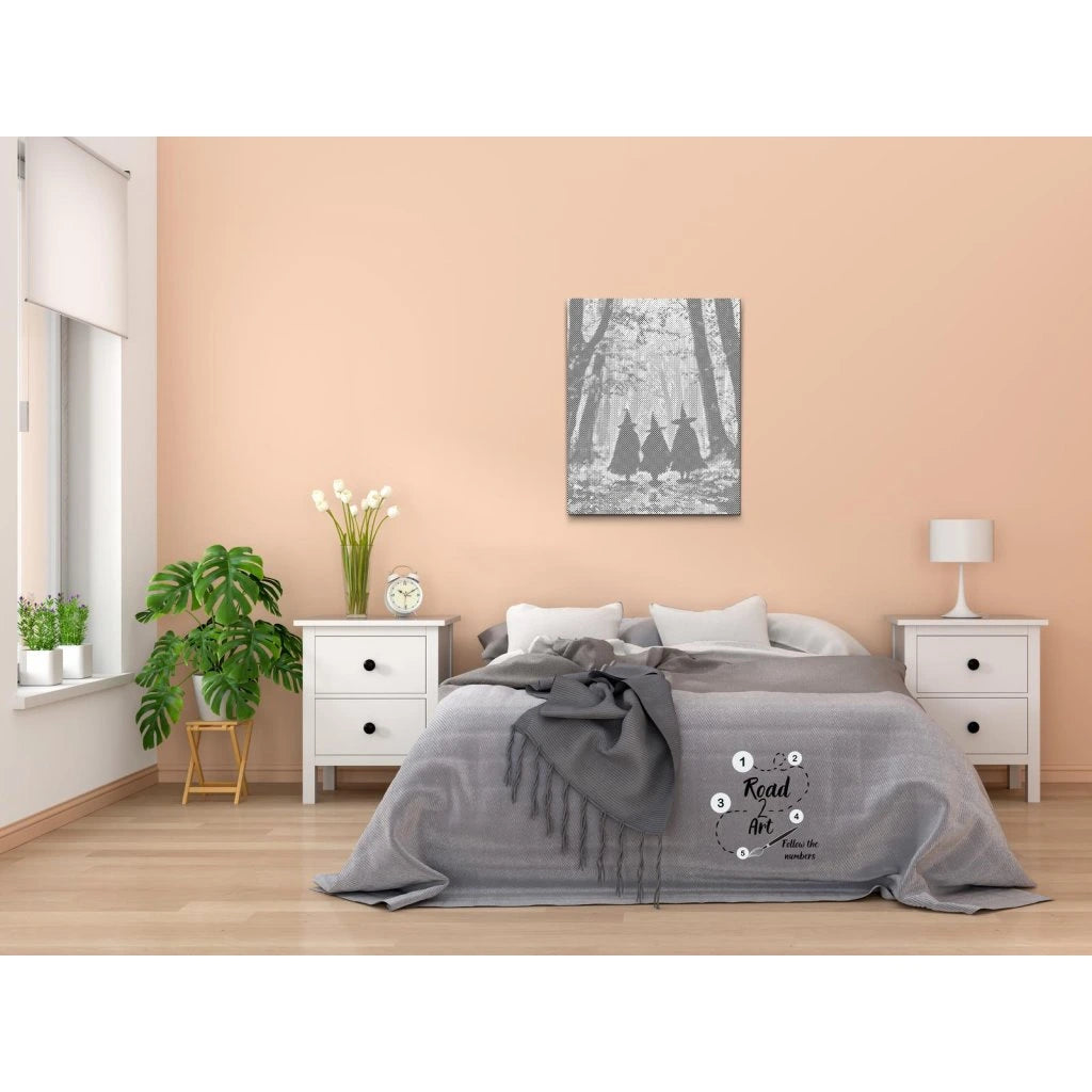 Punktmalerei Leinwand mit Hexen im Forst, mystische Szene