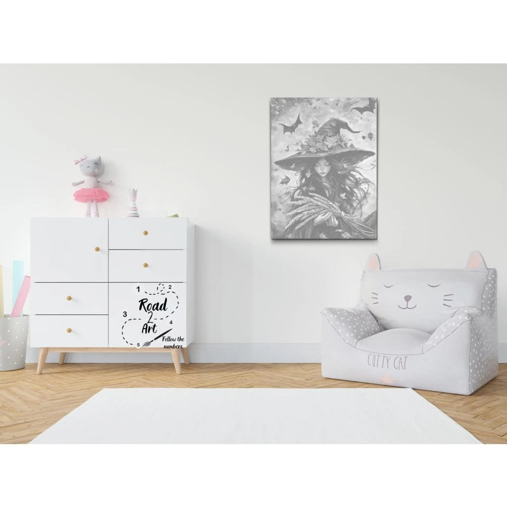 Punktmalerei Leinwand – mystisches Halloween-Motiv mit Hexe im Herbst