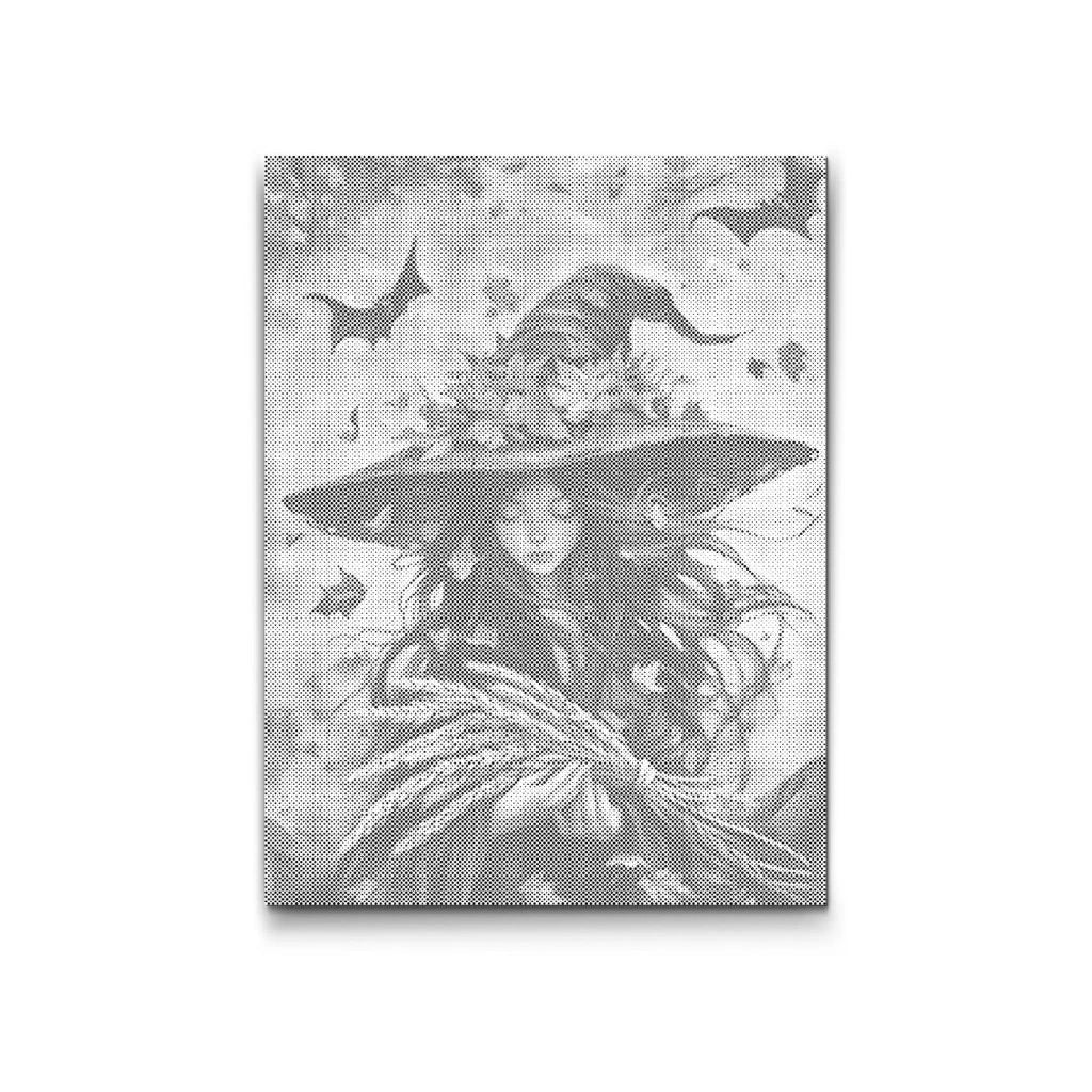 Dot Painting: Erntehexe mit großem Hut, Ährenbündel und Fledermäusen