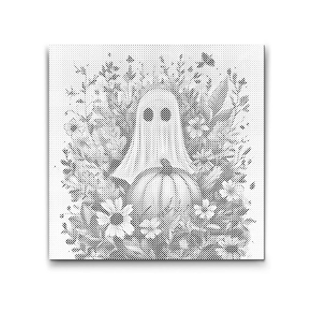 Dot Painting: kleines Geistchen mit Kürbis im Blumenkranz