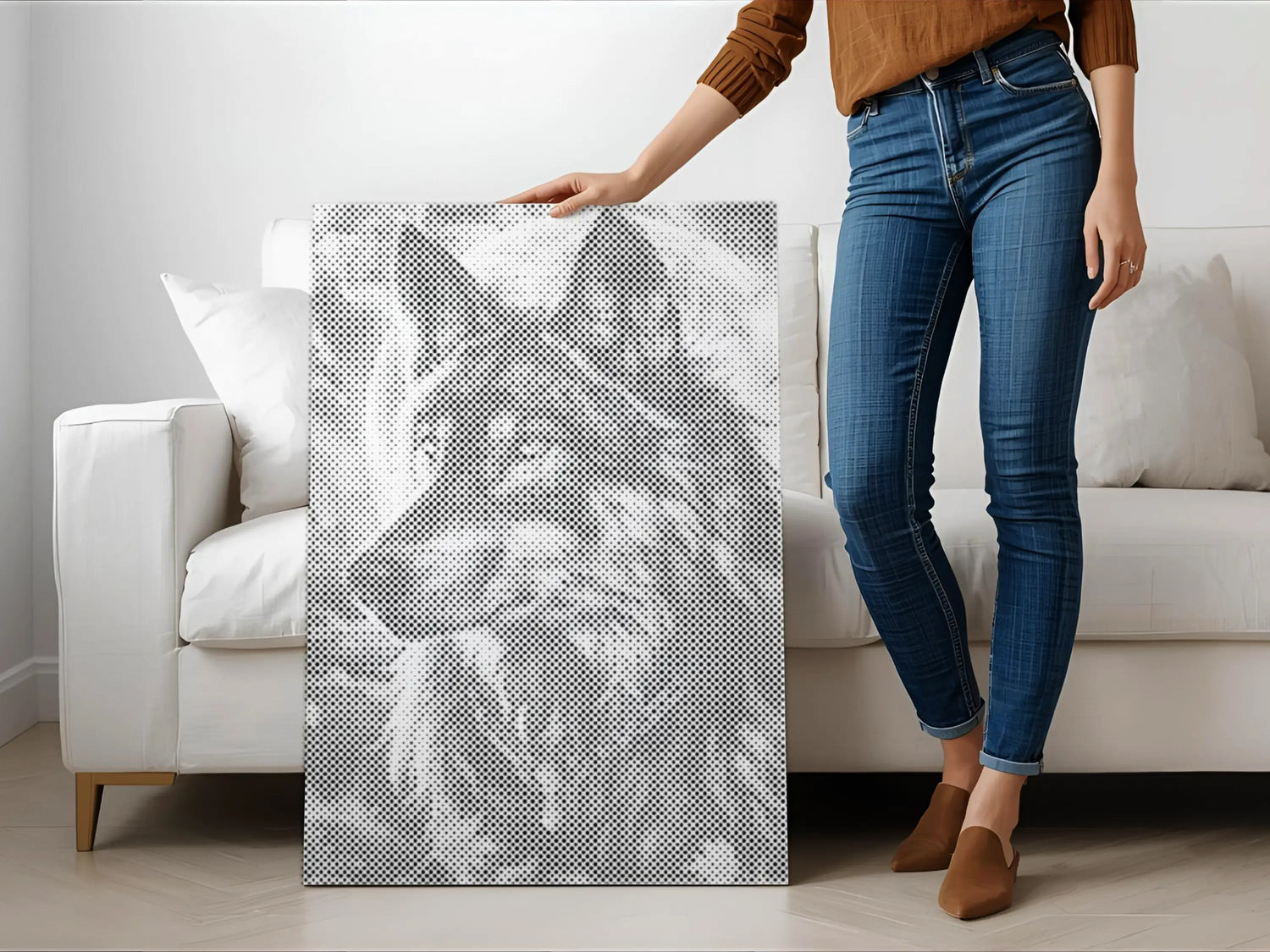 Person holding a dotpainting painting of a wolf in a living room. CREATED TO BE KEPT