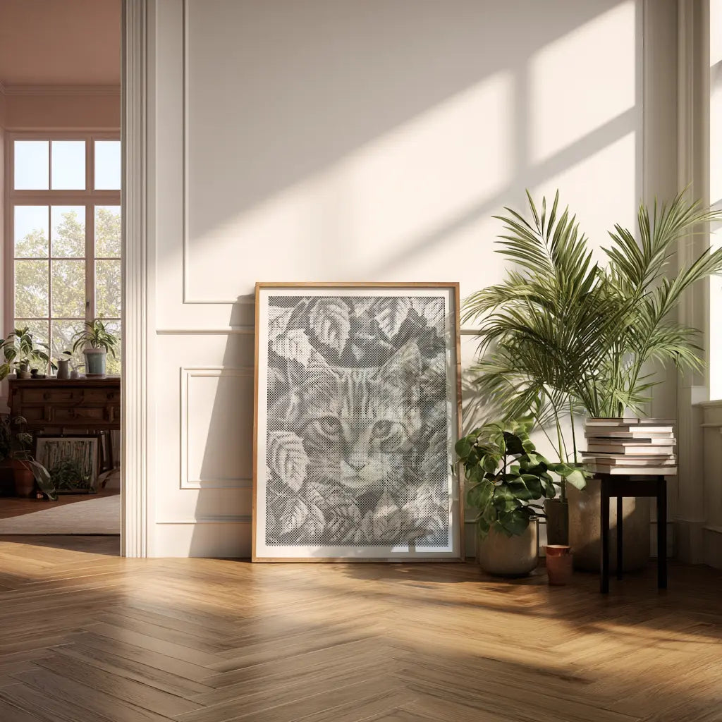Framed artwork of a woman's face in a sunlit room with plants and books. Cat Playing with Leaves | Dot Painting