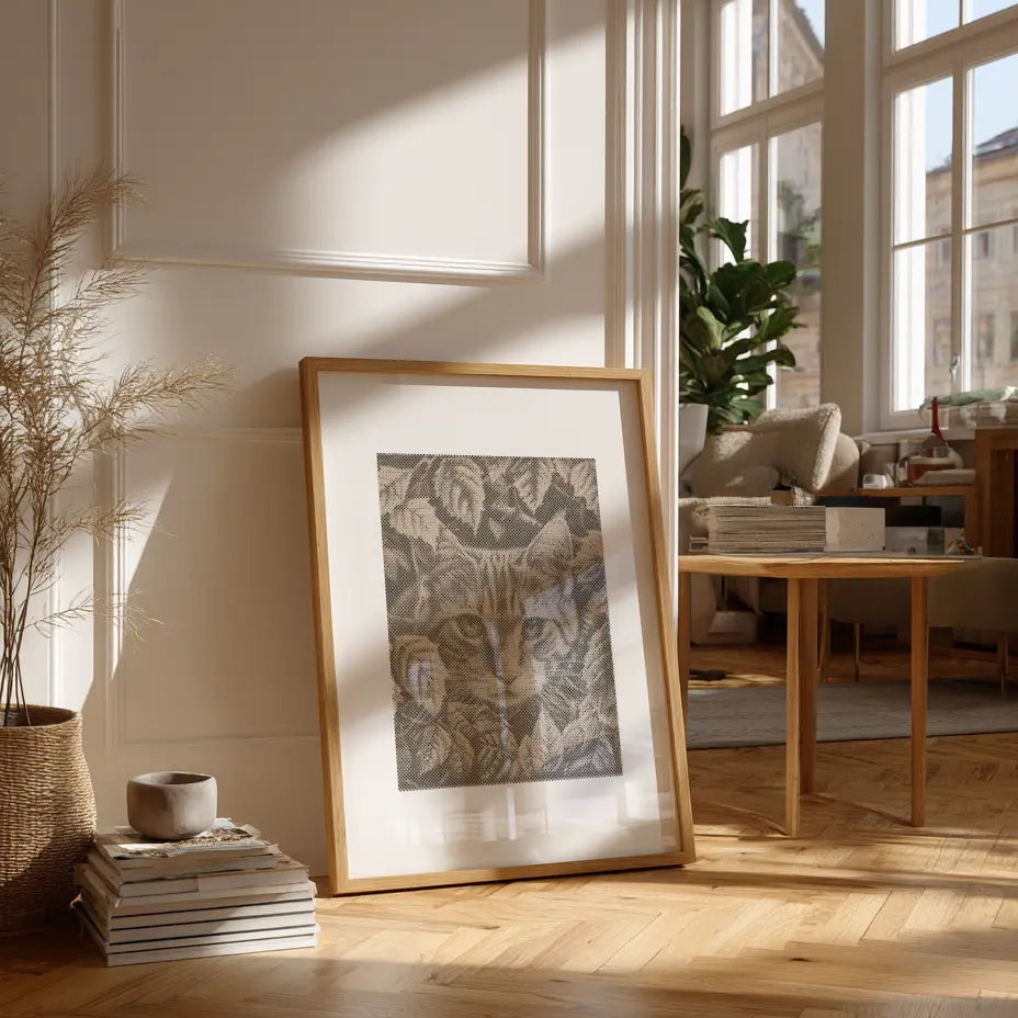 Framed artwork on a wall in a bright living room with large windows. Cat Playing with Leaves | Dot Painting