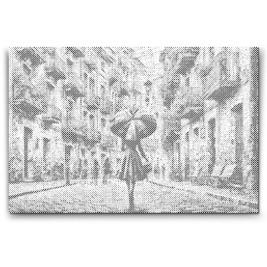 Dot Painting einer Frau mit Regenschirm in einer Stadtstraße – stilvoll und ruhig.