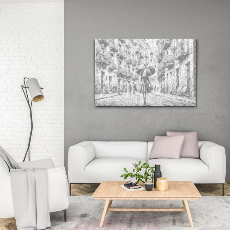 Punktmalerei-Motiv mit Regenszene und urbaner Atmosphäre – ideal zum Entspannen.