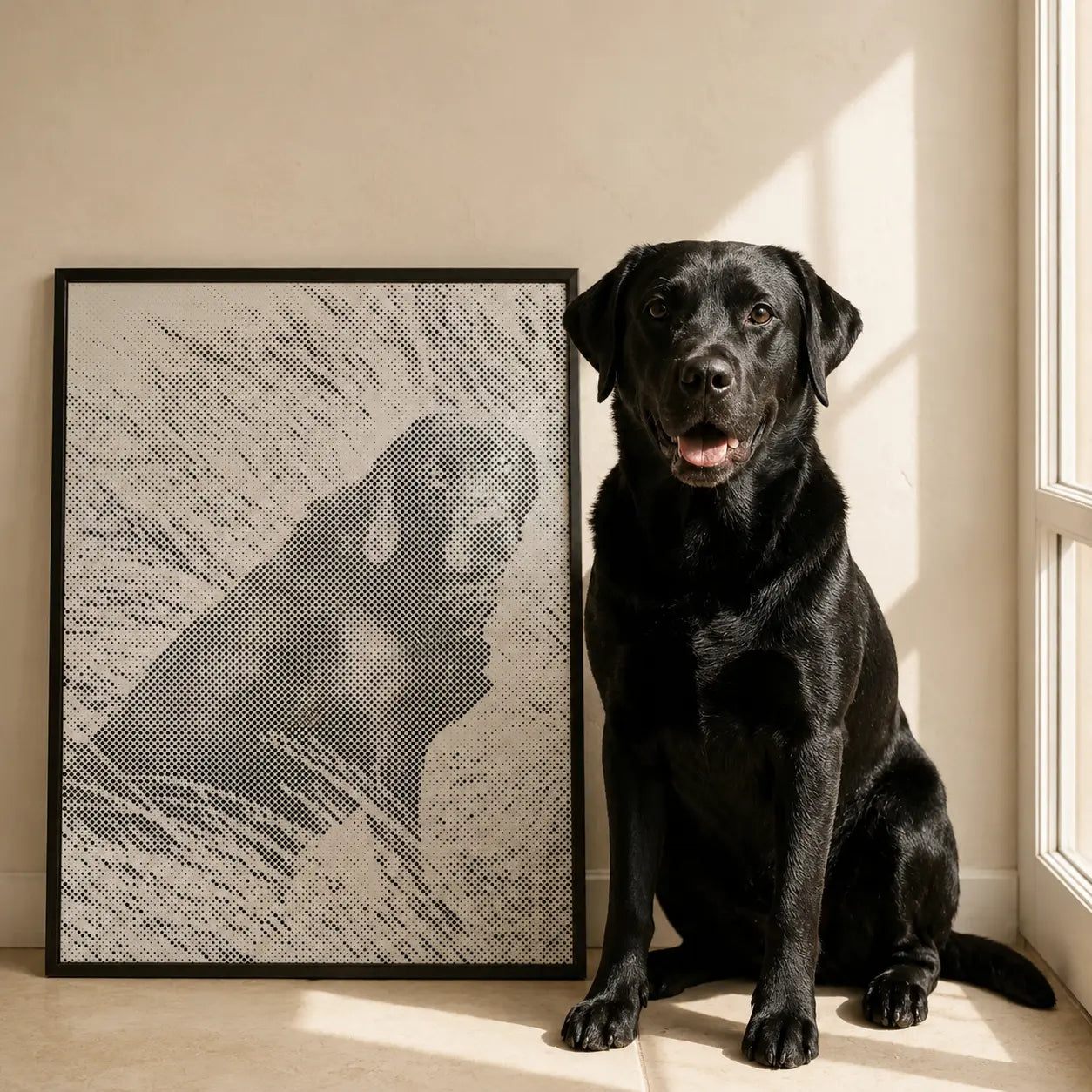 Custom photo dot painting with a black dog beside the finished artwork