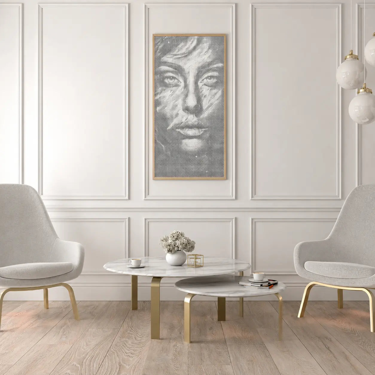 Modern living room with gray chairs, a coffee table, and wall art. Face of Silence | Dot Painting Kit