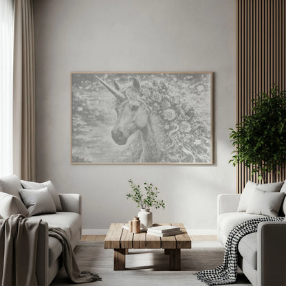 Floral Unicorn| Dot Painting Kit Living room with a unicorn artwork on the wall, two sofas, and a coffee table.