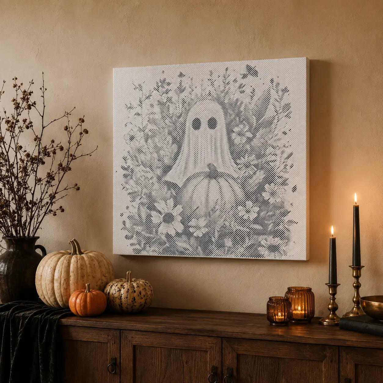 Ghost with Pumpkin and Flowers Halloween | Dot Painting Kit