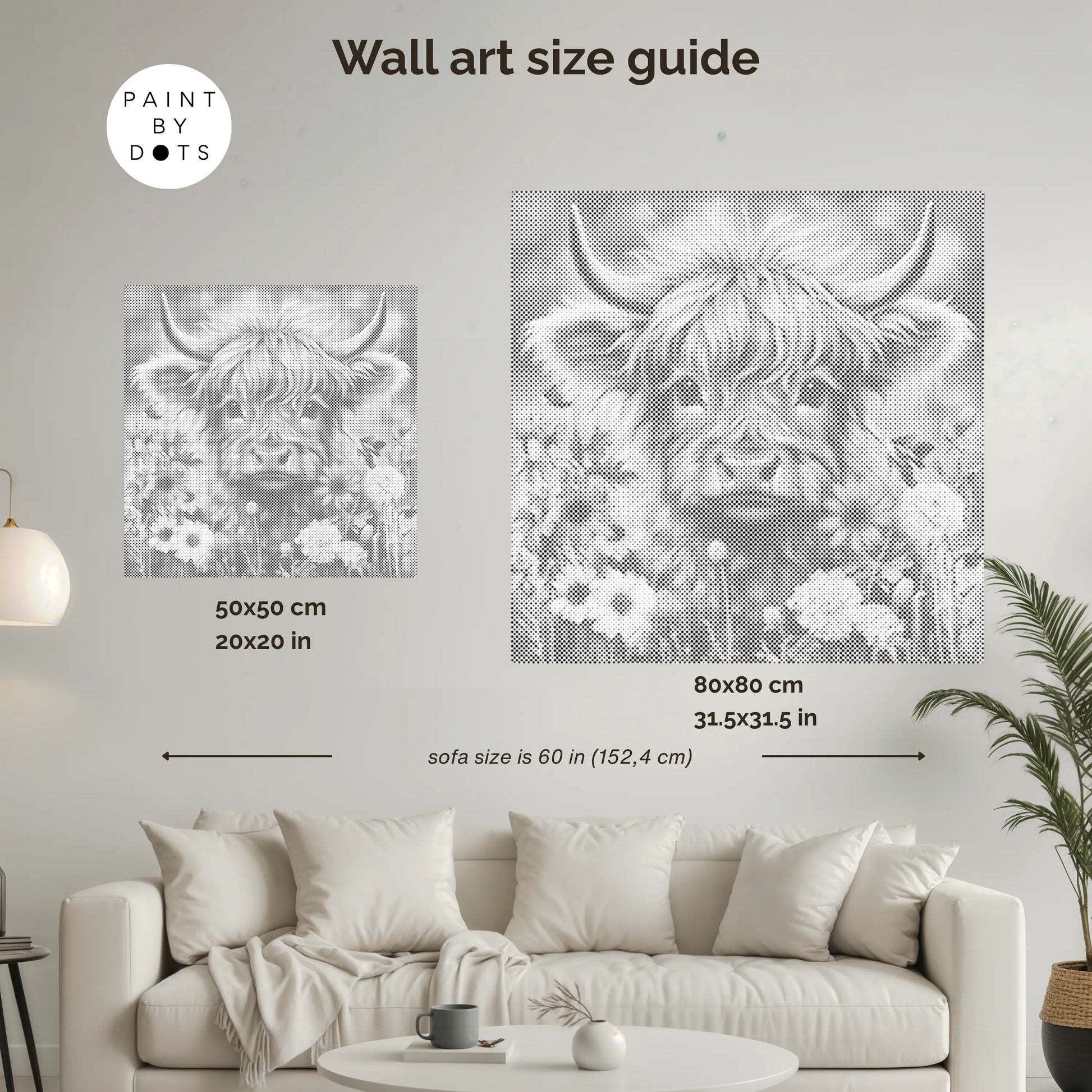 Wall art size guide with two cow illustrations on a living room wall.