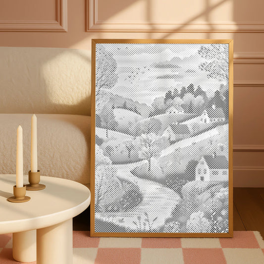 Framed abstract artwork on a wall with a side table and candles in a room. Idyllic Landscape with Houses | Dot Painting Kit
