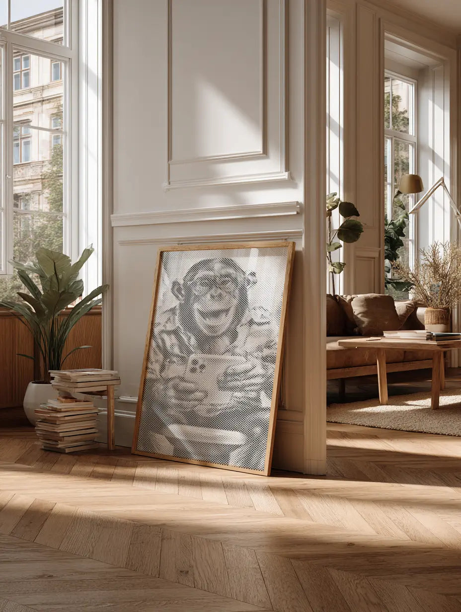 Framed artwork of a monkey in a modern living room with large windows. Laughing Monkey with Selfie | Dot Painting Kit