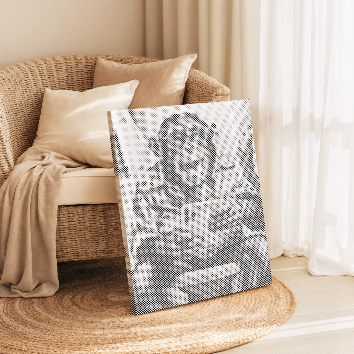 Canvas print of a monkey holding a phone on a wicker chair with beige cushions. Laughing Monkey with Selfie | Dot Painting Kit