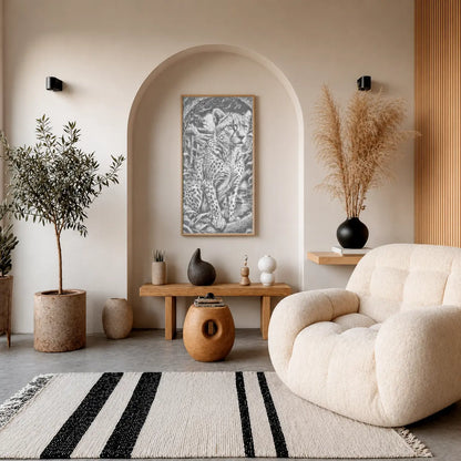 Modern living room with a beige armchair, striped rug, and decorative plants. Majestic Leopard | Dot Painting Kit