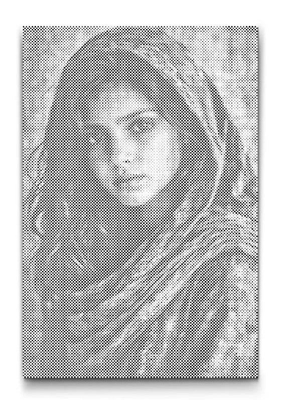 Zeitloses Frauenporträt in Schwarz Weiss als moderne Punktmalerei. Hochwertige Wandkunst für ruhige, stilvolle Wohnräume. Perfekt für minimalistische Interieurs.