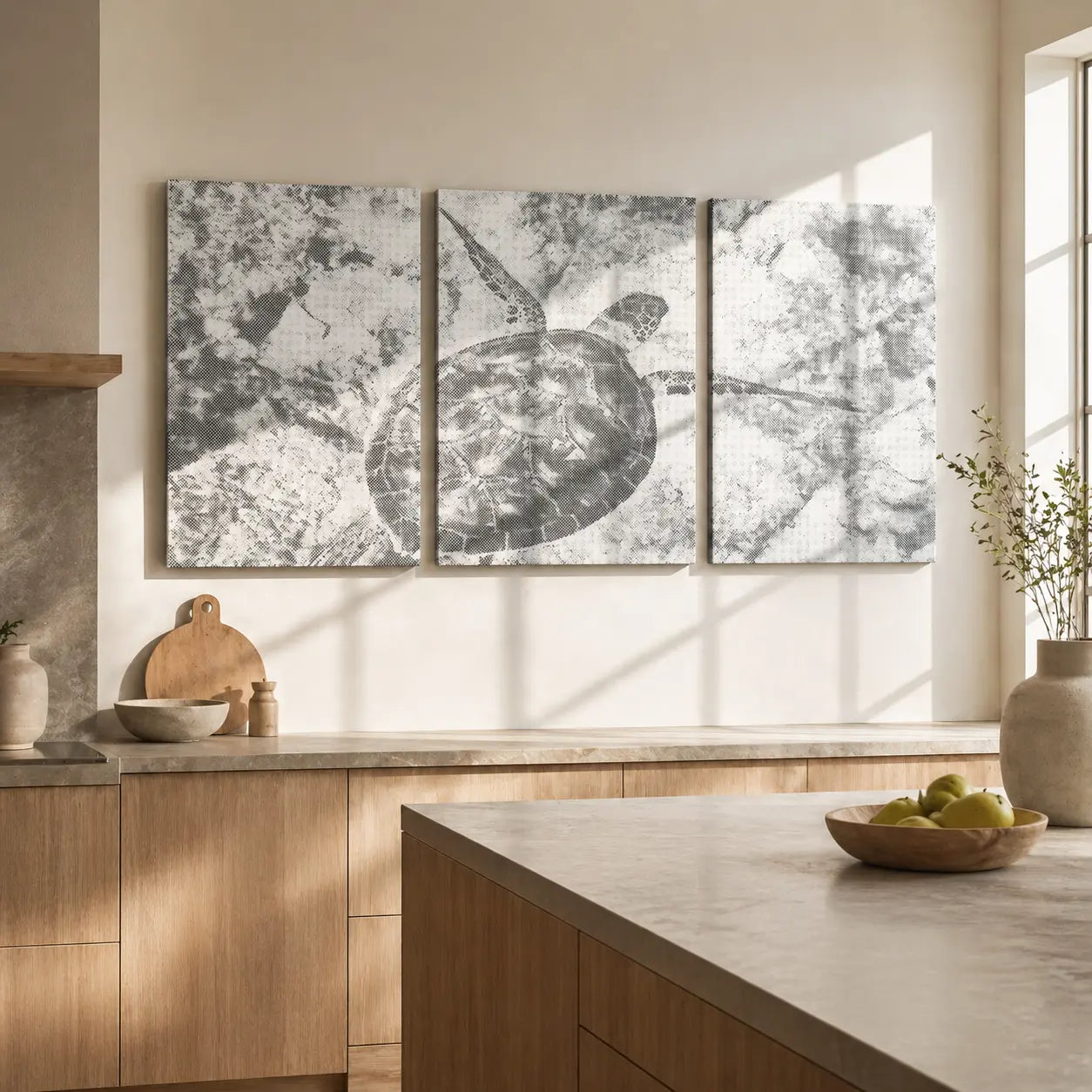 Modern kitchen with turtle wall art and natural light Sea Turtle Ocean | Multi Panel Dot Painting
