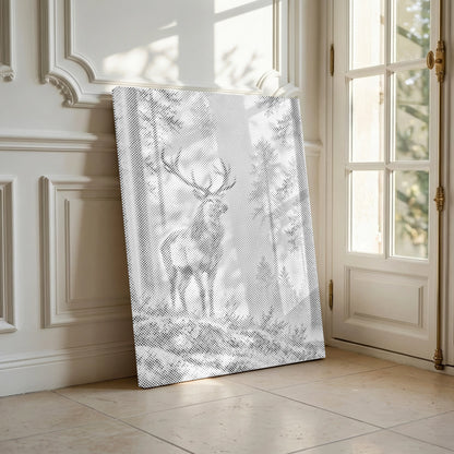 Silent Stag | Dot Painting A vertical canvas print leaning against a white paneled wall in a bright room. The canvas features a monochrome forest scene with a stag deer in the center.
