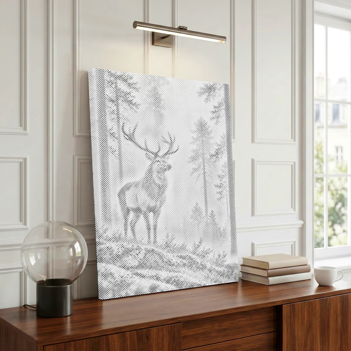 A vertical canvas wall art print featuring a monochrome sketch of a stag in a misty forest, displayed on a wooden console table in a bright, modern room setting. Silent Stag | Dot Painting