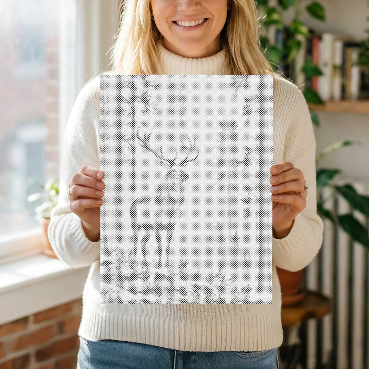 A woman in a cream knit sweater holds up a square white fabric panel featuring a gray line-art print of a stag in a forest. The photo is taken in a bright indoor setting with a window, plants, and bookshelves in the background. Silent Stag | Dot Painting