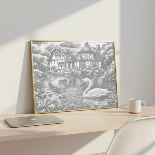 Framed artwork of a house and swan on a desk with a laptop and mug.